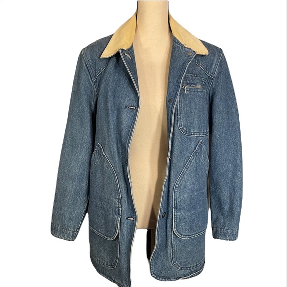 Vintage L.L. Bean Red Wool Blend Lined Corduroy Trim Heavy Denim Barn Coat Sz M - Picture 4 of 16